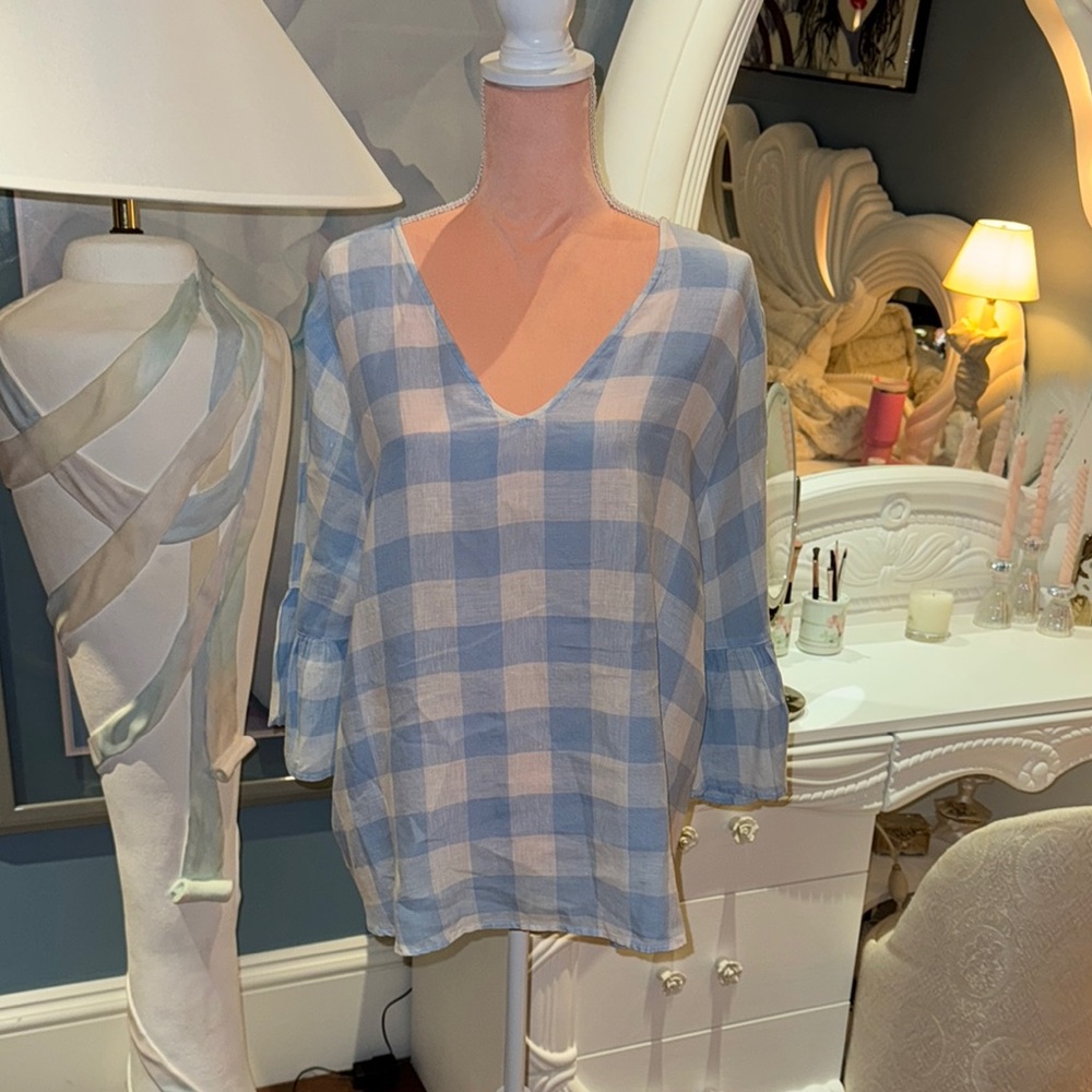 Saks Fifth Avenue Blue and White Boxy 3/4 Sleeve Blouse